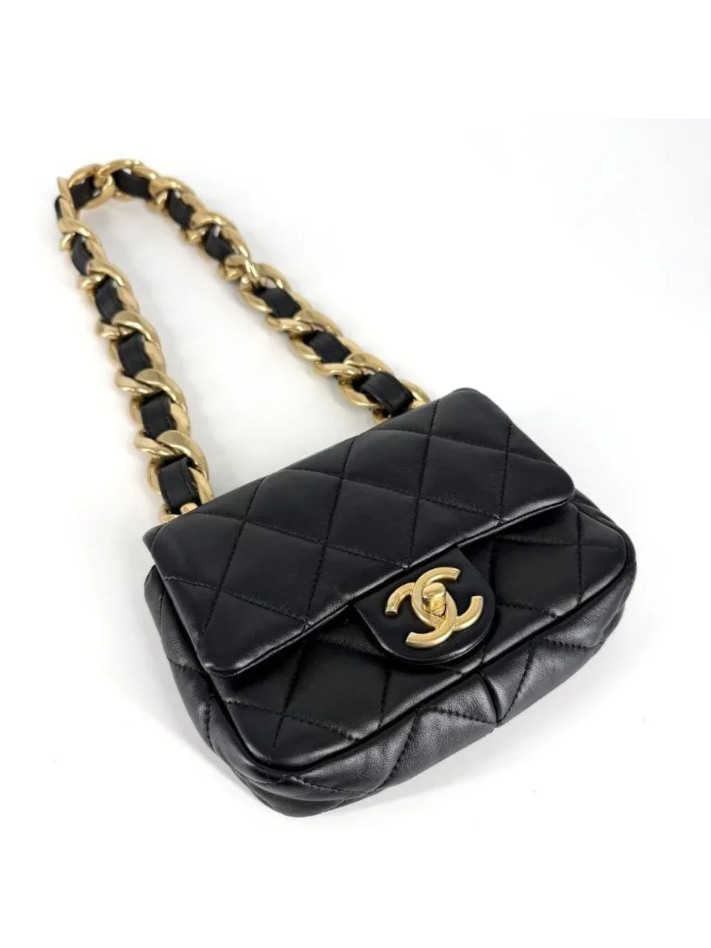 Chanel Shoulder Bag Mini Quilted Chain Turnlock Mini CC Logo Lambskin Black
